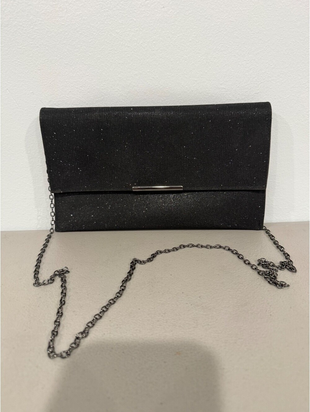 La Regale Black Sparkle Chain Clutch Bag